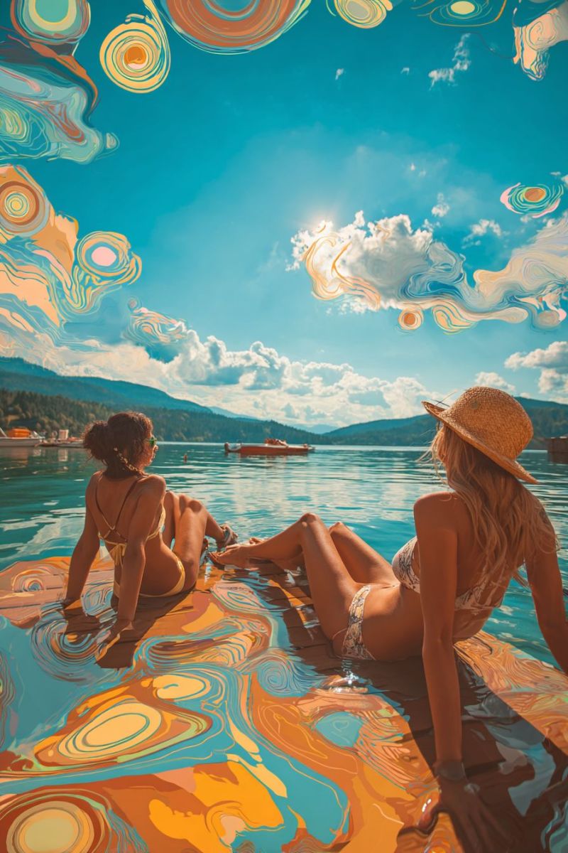Lac bateau montagne ciel nuage eau soleil reflet lunettes chapeau plage sable vagues ocean mer rivage ile tropical vacances palmier arbre Deux femmes sont assises sur une plateforme flottante dans un lac. Une femme porte un chapeau de paille et un bikini fleuri, tandis que l'autre porte un bikini jaune et des lunettes de soleil. Elles regardent toutes les deux quelque chose devant elles. Le lac est entouré de montagnes et d'un ciel bleu clair avec quelques nuages. Au loin, un bateau navigue sur le lac. L'image a un effet légèrement déformé et coloré.