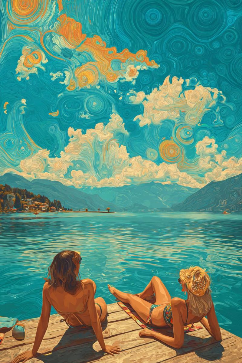 Lac montagne eau ciel nuage soleil rayon eclaircie tournesols champ Deux femmes se détendent sur un quai en bois au bord d'un lac serein. Une femme est assise les jambes croisées, portant un bikini vert et des lunettes de soleil, tandis que l'autre est allongée sur une serviette, portant un bikini fleuri. Le lac est calme avec des reflets du ciel, et au loin, il y a des montagnes et une petite ville. Le ciel est peint de motifs abstraits tourbillonnants dans des nuances de bleu, jaune et orange.