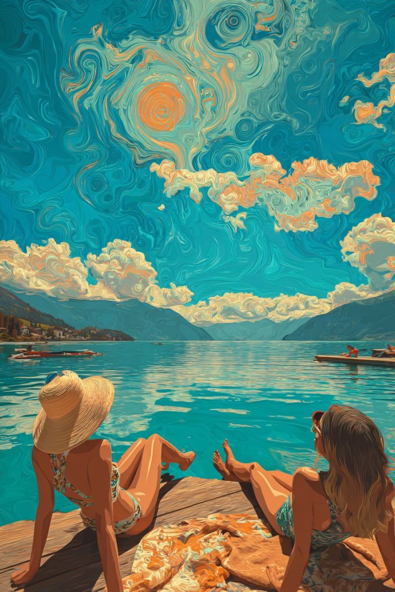 Painting lake mountain sky cloud water sun sunlight sunbeam sunray sunshine sunburst sunflower sunflowers field Two women are relaxing on a wooden dock by a serene lake. One woman is wearing a wide-brimmed hat and a floral swimsuit, while the other is wearing a green swimsuit and has her legs stretched out. They are both looking towards the water, which is calm and reflects the sky. The sky is painted in a swirling, abstract style with shades of blue, orange, and yellow. In the distance, there are mountains and a boat on the lake.