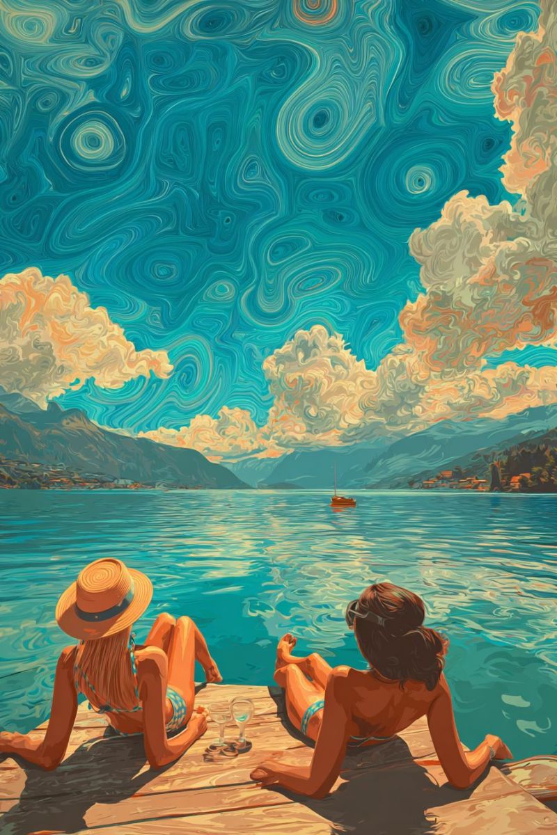 Lac bateau montagne ciel nuage eau soleil reflexion mer ocean vagues coucher soiree humeur atmosphere Deux femmes sont assises sur une jetée en bois au bord d'un lac, profitant d'une journée sereine. L'une des femmes porte un chapeau à larges bords et un bikini bleu, tandis que l'autre a les cheveux attachés et porte également un bikini bleu. Elles regardent toutes les deux l'eau calme, avec un petit bateau naviguant au loin. Le ciel au-dessus est un mélange de teintes bleues et orange, tourbillonnant dans un motif unique et abstrait. En arrière-plan, on aperçoit des montagnes et quelques bâtiments visibles sur la rive lointaine.