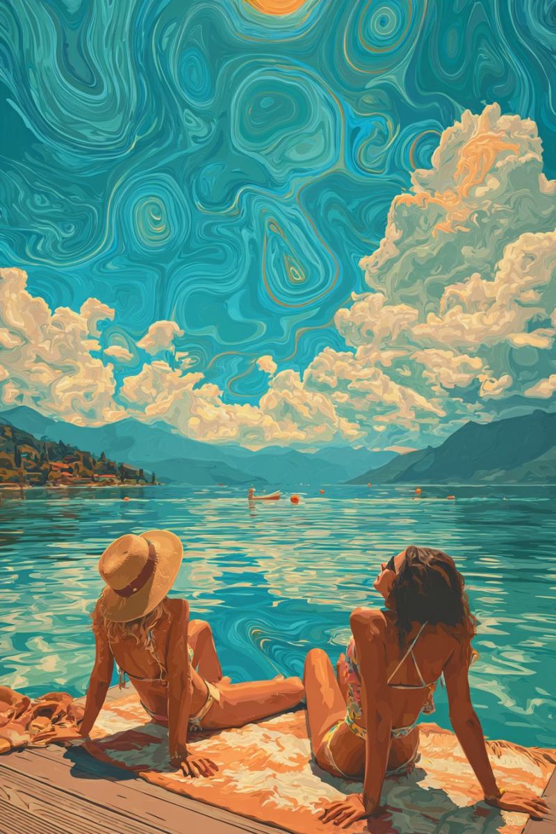 Lac eau montagne nuage ciel soleil ensoleille jour temps Deux femmes sont allongées sur une terrasse en bois au bord d'un lac. L'une des femmes porte un chapeau à larges bords et un bikini, tandis que l'autre porte un bikini et un haut fleuri. Elles regardent toutes les deux vers le soleil qui se couche au loin. Le lac est calme, et il y a des montagnes et un ciel nuageux en arrière-plan. Le ciel est peint dans un style abstrait tourbillonnant avec des nuances de bleu, de jaune et d'orange.