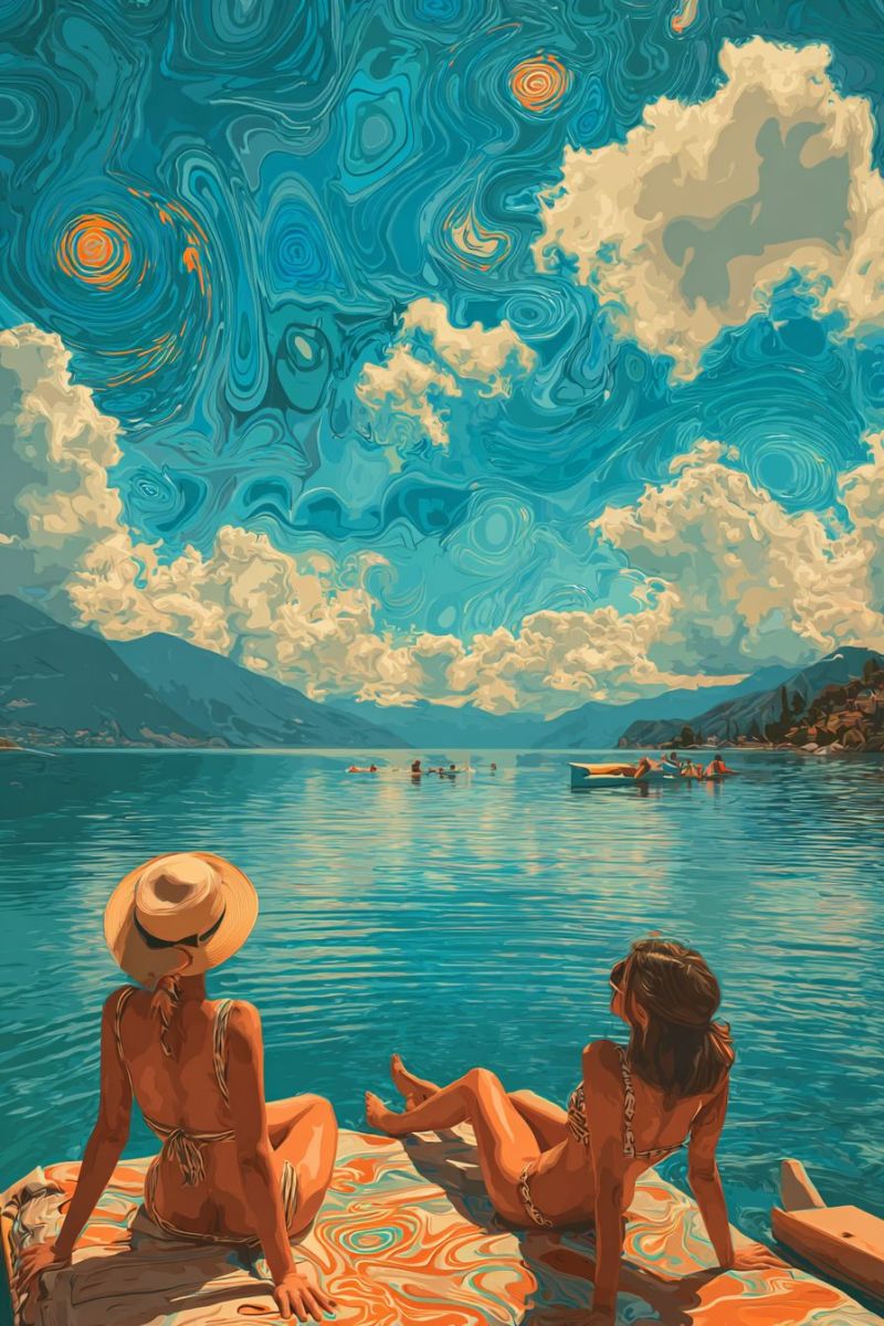 Painting lake water sky clouds mountains boat people sun sunlight reflection waves shore trees island sunset evening night stars Two women are sitting on a wooden dock by a lake, enjoying a sunny day. One woman is wearing a hat and a bikini, while the other is wearing a bikini and glasses. They are both looking towards the water, where a boat with people is visible. The lake is surrounded by mountains, and the sky is painted with swirling blue and orange colors, creating a dreamy and abstract effect.