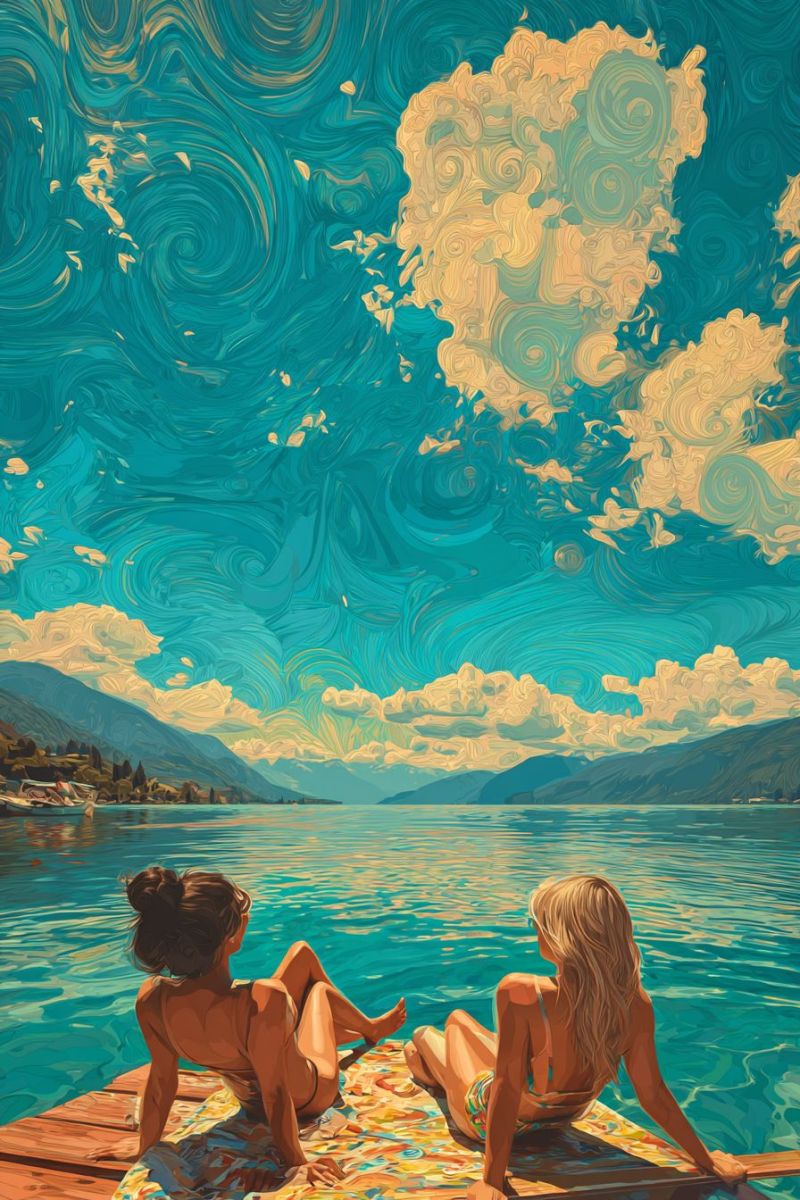 Painting water lake mountain sky cloud sun sunlight reflection sunbeam sunray sunshine sunrays sunbeams Two women are sitting on a wooden dock by a lake, enjoying the view. One woman has her hair tied back and is wearing a bikini, while the other has long blonde hair and is also in a bikini. They are both looking out at the calm water and the mountains in the distance. The sky above is a mix of blue and yellow with swirling patterns, and there are a few clouds scattered throughout. The water reflects the sky and clouds, creating a serene and picturesque scene.