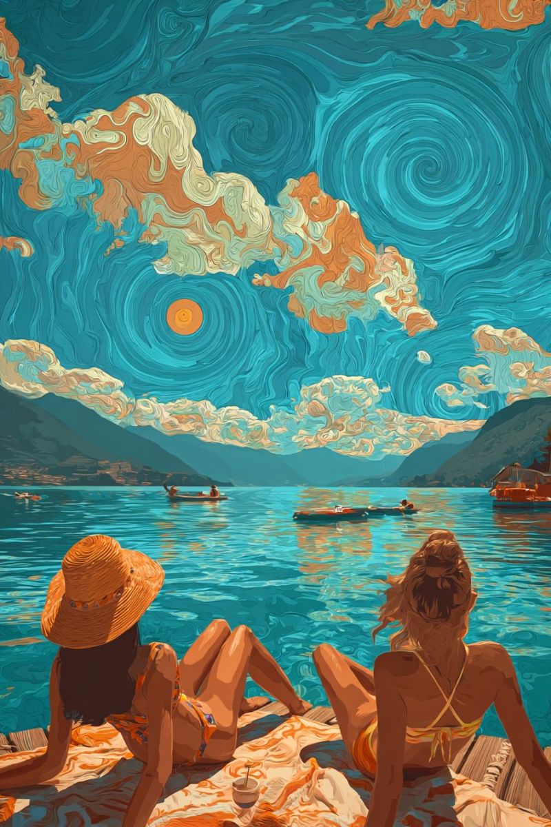 Lac bateau eau ciel montagne soleil reflexion nature soiree coucher etoile nuages horizon Deux femmes se détendent sur un quai en bois au bord d'un lac serein. Une femme porte un chapeau à larges bords et un maillot de bain fleuri, tandis que l'autre a les cheveux attachés et porte un bikini jaune. Elles sont assises sur une couverture, l'une d'elles tenant un verre avec une paille. Le lac est calme, et il y a des bateaux et une petite île au loin. Le ciel est peint de bleus et d'oranges tourbillonnants, créant un effet rêveur, presque abstrait. Des montagnes sont visibles en arrière-plan, et le soleil se couche, projetant une douce lueur sur la scène.