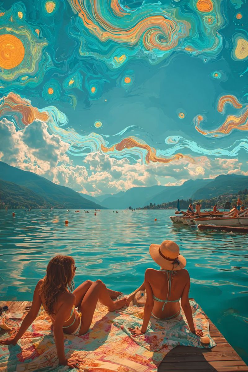 Lake water sky mountain boat people beach sun cloud sunset reflection nature sea horizon evening clouds Two women sit on a wooden dock by a lake, wearing bikinis and hats. They are surrounded by a vibrant, abstract sky filled with swirling colors of blue, yellow, and orange. The lake is calm, with mountains and boats in the distance. The women are relaxed, with one looking at the other. The scene is set against a back of a serene, picturesque landscape.