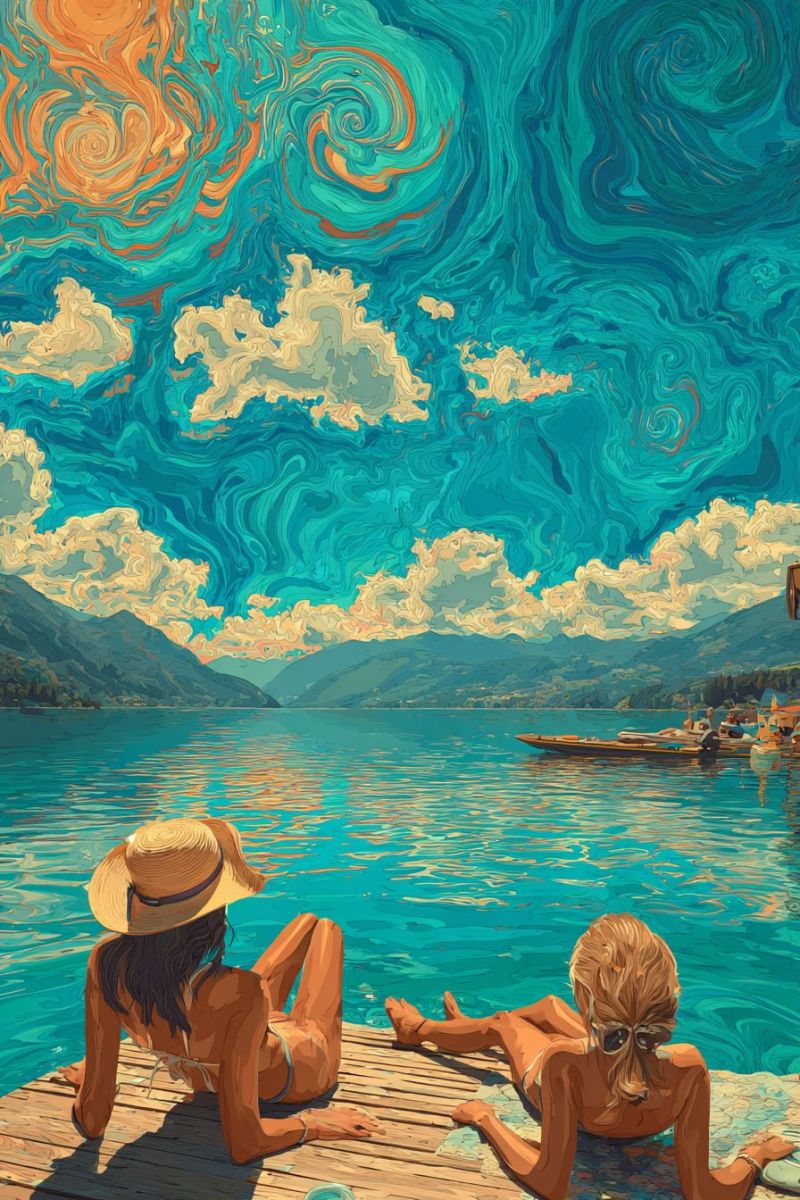 Painting lake water sky mountain boat sun cloud sunlight reflection sunrise sunset nature sea clouds ocean evening day Two women are relaxing on a wooden dock by a serene lake. One woman is wearing a straw hat and a bikini, while the other has her hair tied back and is wearing a bikini and sunglasses. The lake is calm, reflecting the sky, and there are mountains and a boat in the distance. The sky is a vibrant mix of blue, yellow, and orange, with swirling patterns that resemble a starry night.