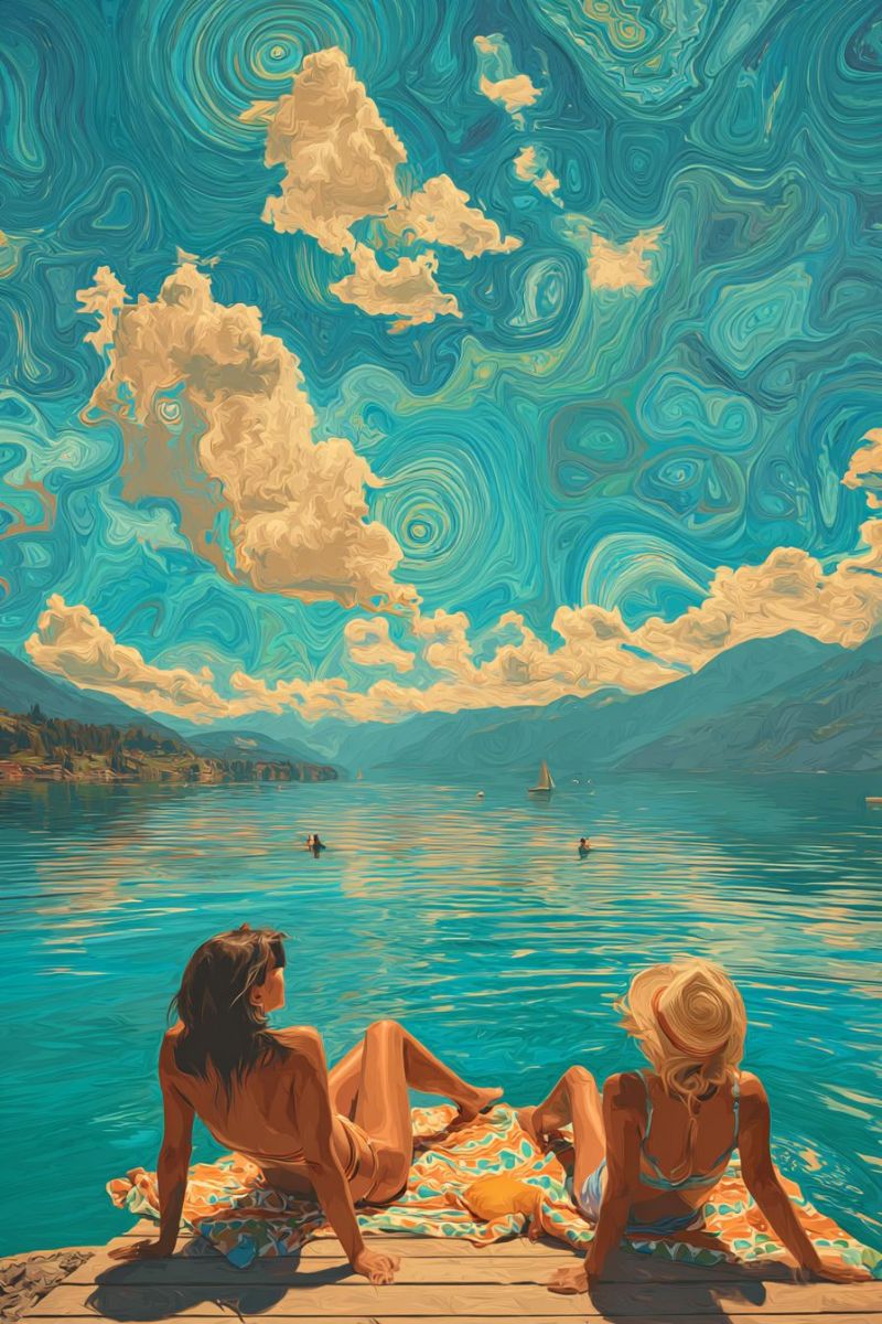 Painting lake water sky clouds mountains boat people beach sun sunlight sunny summer vacation relaxation leisure outdoors nature Two women are sitting on a wooden dock by a lake, enjoying the view. One woman is wearing a bikini and a hat, while the other is in a swimsuit. They are both looking at the serene lake, with mountains and a sailboat in the distance. The sky is painted with swirling blue and yellow clouds, creating a dreamy atmosphere.