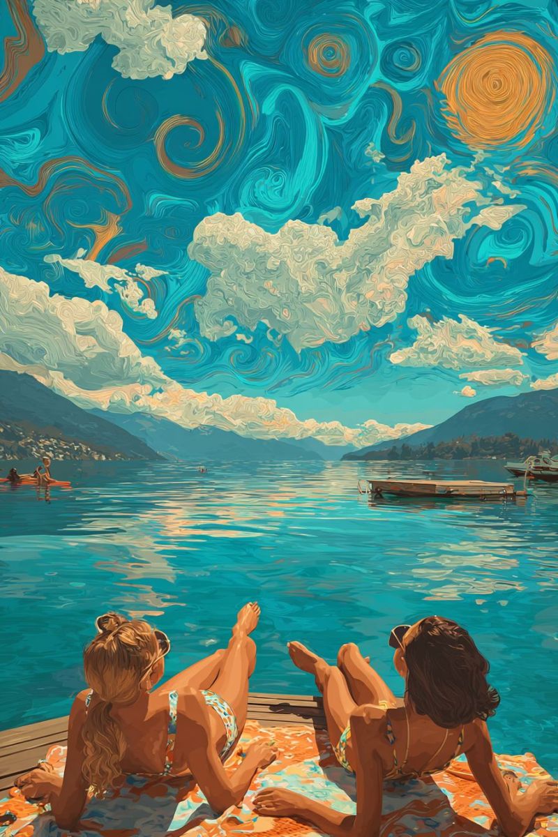 Lac montagne eau ciel nuage soleil bateau fille plage lunettes reflexion nature air relaxation Deux femmes sont allongées sur une terrasse en bois au bord d'un lac serein. Elles portent toutes les deux des bikinis et des lunettes de soleil, l'une allongée sur le ventre et l'autre assise les jambes croisées. La terrasse est recouverte d'une couverture colorée. Le lac est calme, reflétant le ciel et les nuages. Au loin, il y a un petit bateau et une personne dans un kayak. Le ciel est peint de bleus et de jaunes tourbillonnants, créant un effet rêveur, presque abstrait.