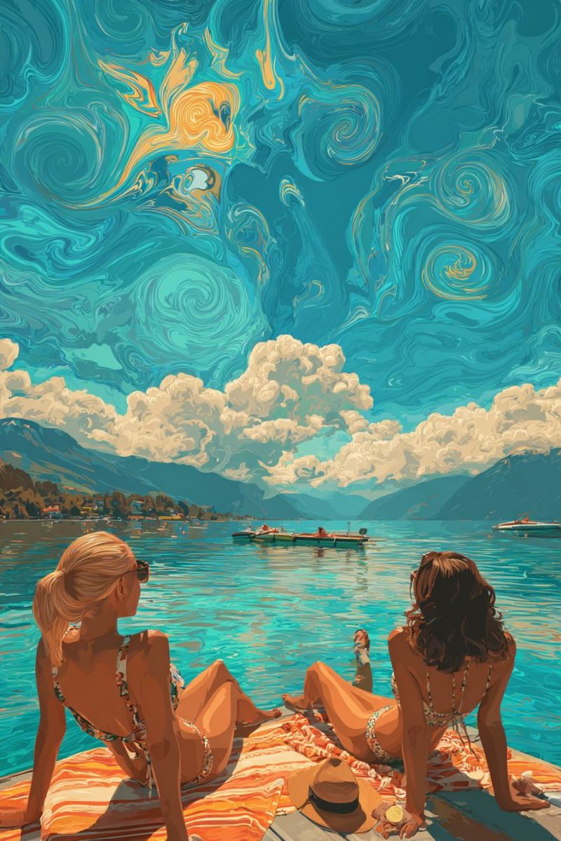 Painting lake boat mountain sky cloud water sun sunglasses hat beach sand sunbathing relaxation leisure vacation summer outdoors nature Two women are relaxing on a deck by a lake. One woman is sitting with her legs crossed, wearing a floral swimsuit and sunglasses. The other woman is lying on her stomach, wearing a bikini and a hat. They are both looking at the water. The lake is calm, and there are mountains and clouds in the background. In the distance, there are boats on the water. The sky is painted in a swirling, abstract style with blue, yellow, and white colors.