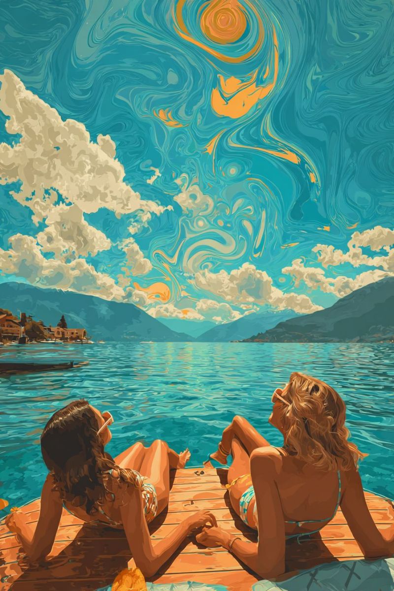 Painting lake mountain sky cloud water boat girl sun sunlight sunrise sunset reflection nature outdoors summer vacation relaxation Two women are relaxing on a wooden dock in the middle of a serene lake. One woman is lying on her stomach, gazing at the sky, while the other is sitting up, looking towards the shore. The sky above is a vibrant mix of blue and yellow, with swirling patterns that give it a dreamy, almost abstract quality. In the distance, there are mountains and a small town nestled along the shoreline. The water is calm, reflecting the colors of the sky and the surrounding landscape.