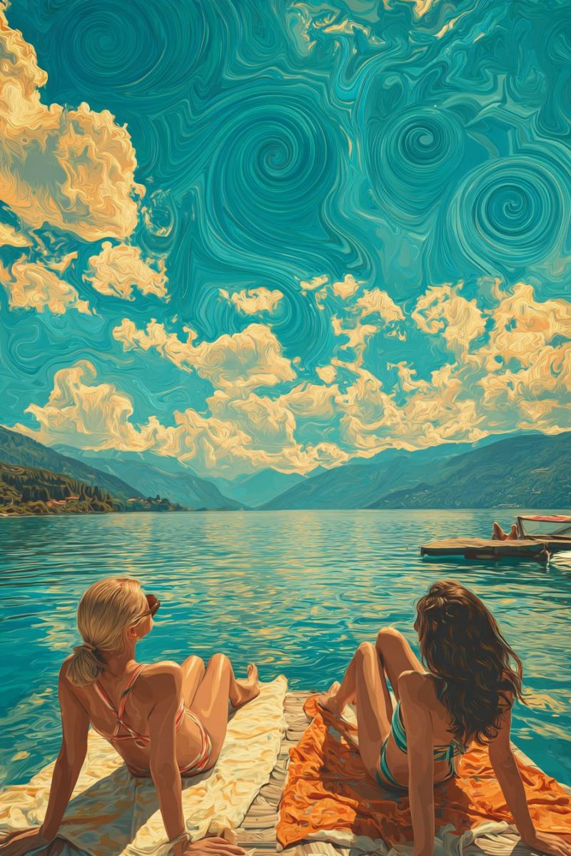Painting lake mountain sky cloud water girl sun sunbathing sunglasses beach sunlight sunrise sunset sunbeam sunray sunshine sunbath sunbather Two women are relaxing on a wooden dock by a serene lake. One woman is sitting with her legs crossed, wearing a bikini and sunglasses, while the other is lying on her stomach, also in a bikini. They are both looking towards the water. The lake is calm, reflecting the sky, which is painted with swirling clouds in shades of blue and yellow. In the background, there are mountains and a small dock with a boat. The sky has a dreamy, abstract quality, with colors blending into each other.