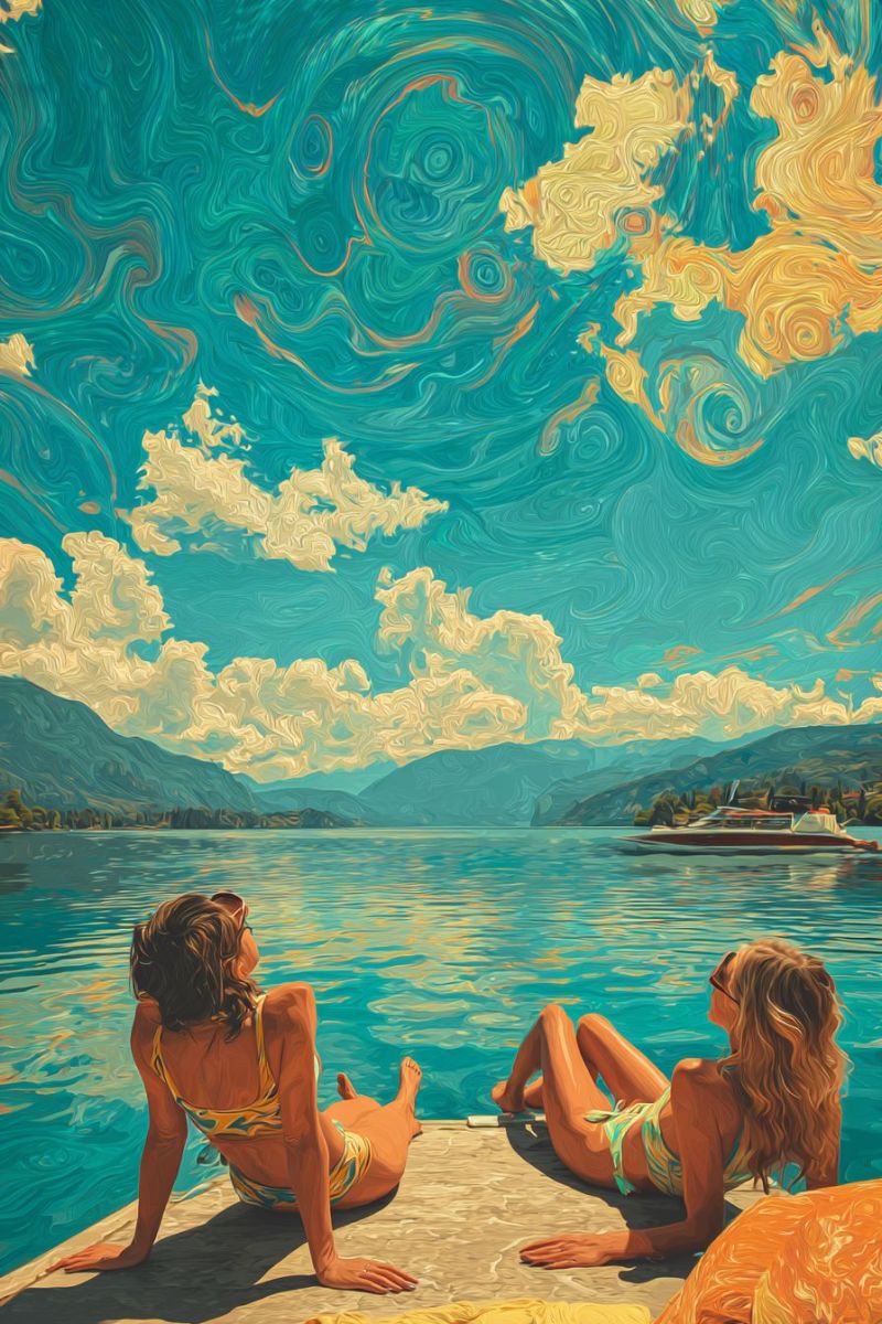 Painting lake boat mountain water sky cloud sun sunlight reflection sunny daytime outdoors summer leisure relaxation leisurely tranquil serene Two women are sitting on a wooden dock by a lake, enjoying the view. One woman is wearing a yellow and white swimsuit, and the other is wearing a blue and white swimsuit. They are both looking at the calm water and the mountains in the distance. The sky is painted with swirling blue and yellow colors, and there is a boat sailing on the lake. The mountains are covered with trees, and the water reflects the sky and clouds.
