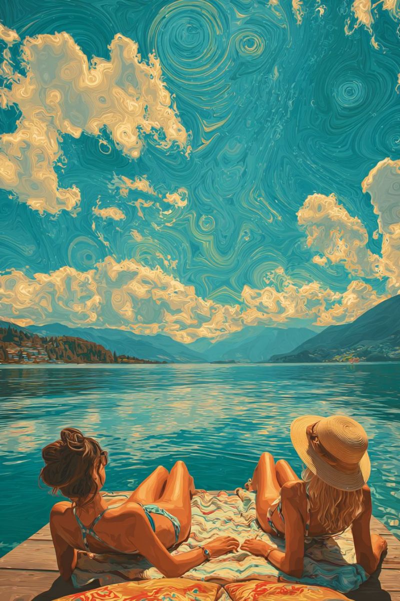 Painting lake mountain sky cloud water sun sunlight sunny day weather Two women are lounging on a wooden dock by a serene lake. One woman is lying on her stomach, while the other is sitting with her legs crossed. They are both wearing bikinis and wide-brimmed hats. The lake is calm, reflecting the sky, which features swirling clouds in shades of blue and yellow. In the background, there are mountains and a distant shoreline. The scene is painted in a vibrant, almost abstract style.