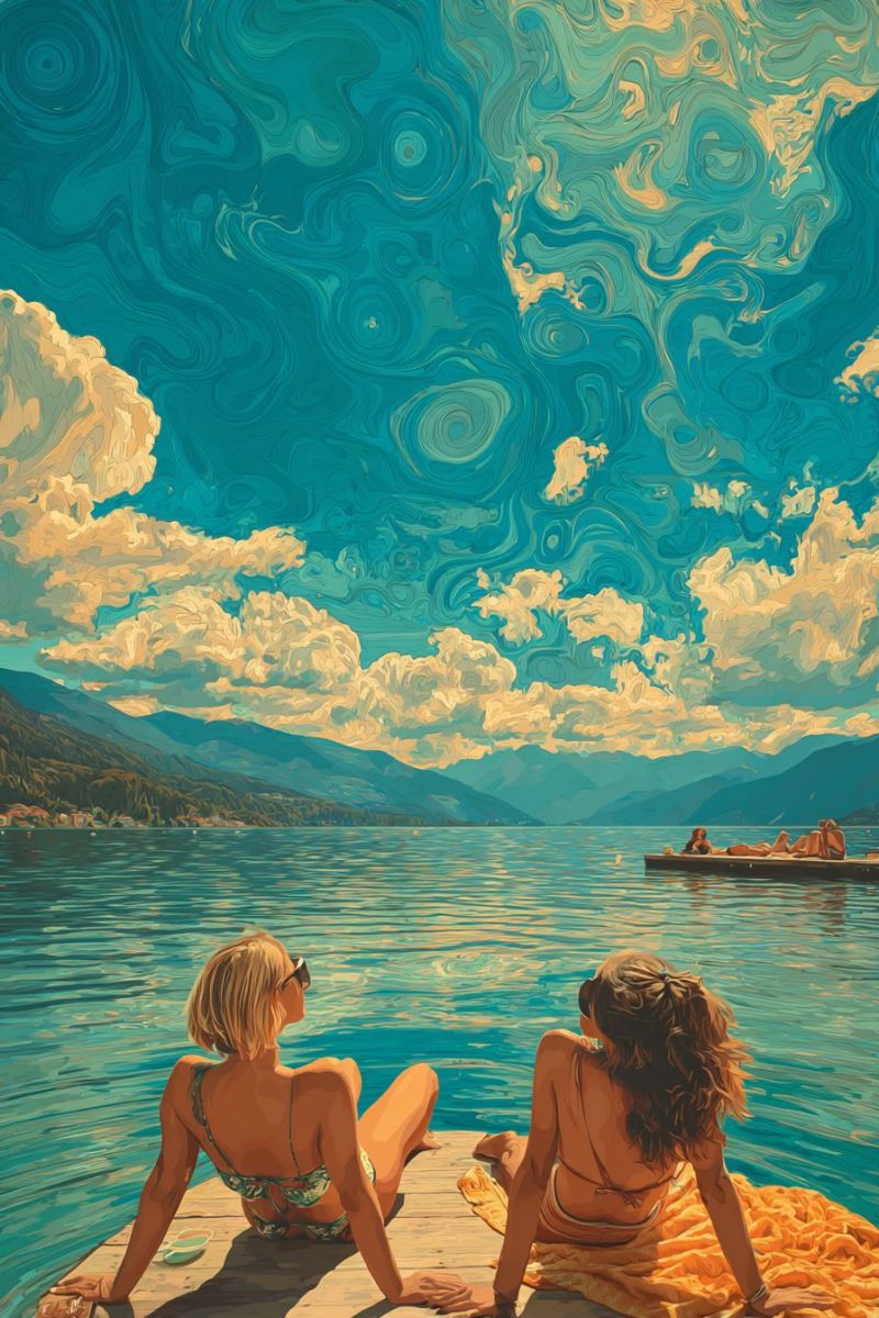 Painting lake mountain water sky cloud boat people woman sunglasses beach sun sunbathing relaxing summer vacation outdoors nature Two women are sitting on a wooden dock by a lake, enjoying the view. One woman is wearing a green bikini and sunglasses, while the other is wearing a bikini and a bracelet. They are both looking at the calm water and the mountains in the distance. In the background, there is a boat with people on it, and the sky is painted with swirling blue and yellow colors.