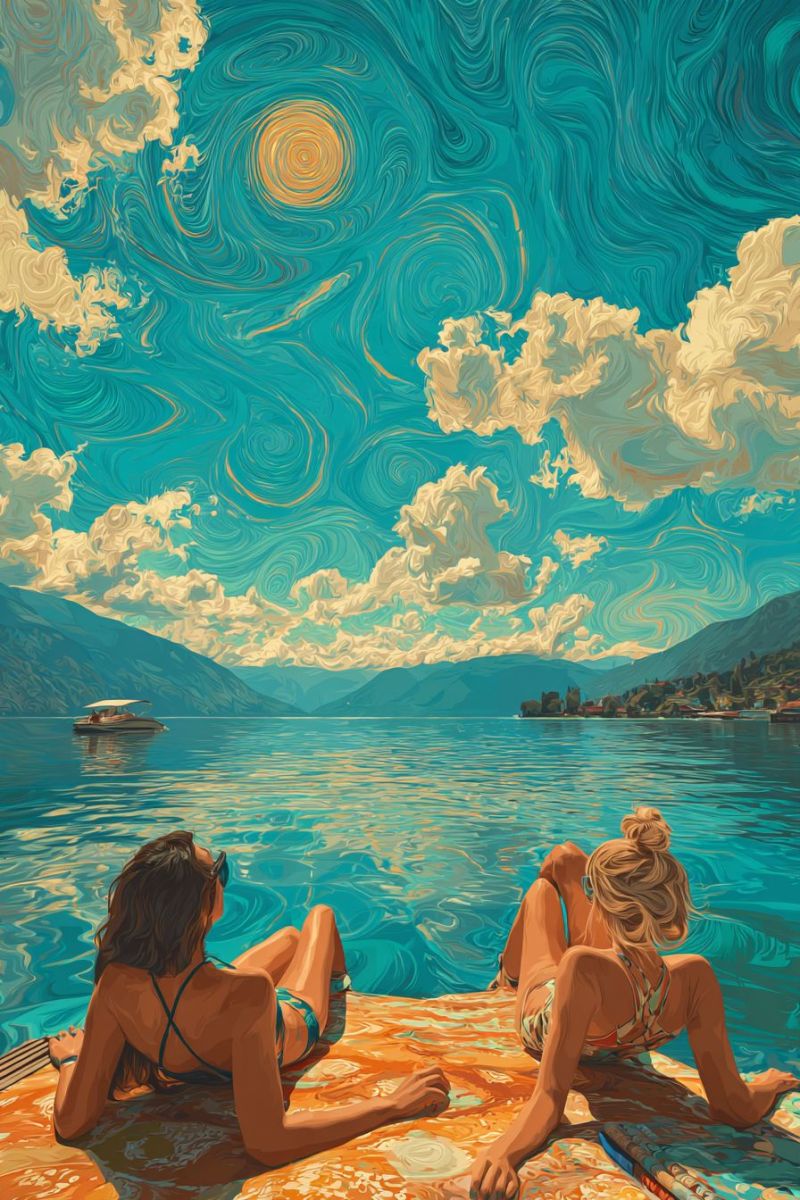 Lac bateau montagne eau ciel nuage soleil reflet nature journee Deux femmes sont allongées sur une plateforme flottante dans un lac serein. Une femme est allongée sur le ventre, tandis que l'autre est allongée sur le dos, toutes deux portant des bikinis. Le lac est entouré de montagnes, et le ciel est peint de nuages bleus et jaunes tourbillonnants. Un bateau navigue sur le lac, et au loin, il y a d'autres bateaux et une petite île avec des bâtiments. Le ciel présente un grand soleil brillant avec un centre jaune et des tourbillons bleus et jaunes.