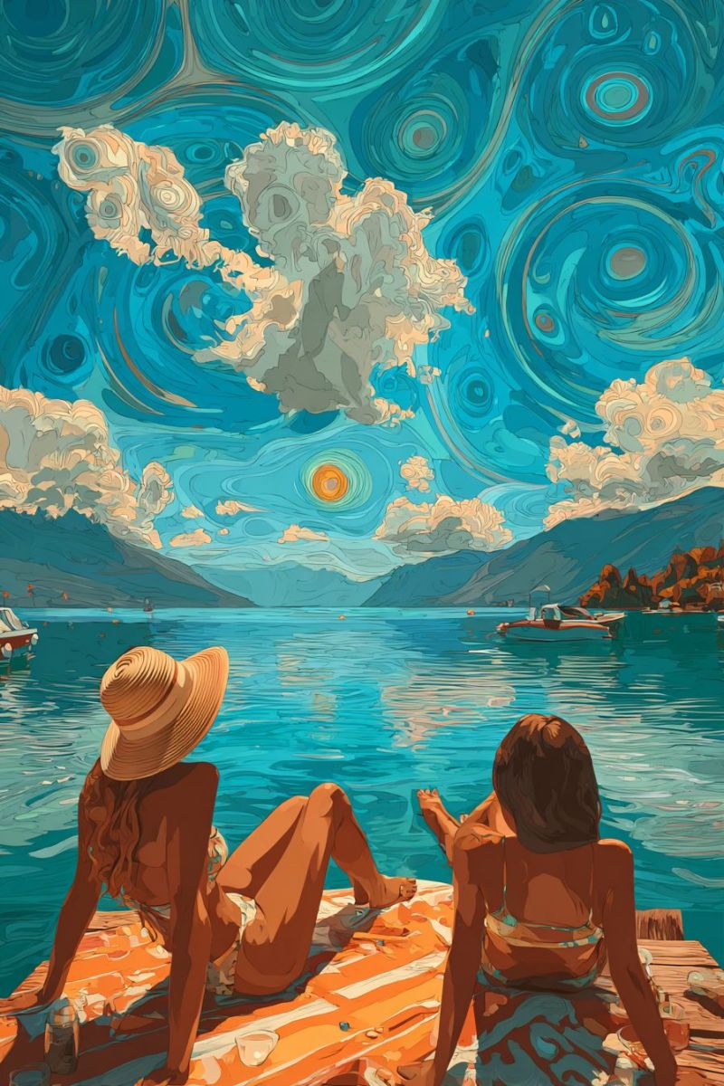 Painting lake boat water sky mountain cloud sun sunlight reflection nature outdoors evening sunset people couple relaxation Two women are sitting on a wooden dock by a lake, enjoying the sunset. One woman is wearing a wide-brimmed hat and a bikini, while the other is in a swimsuit. They are surrounded by a serene landscape with mountains, a boat, and a vibrant sky painted with swirling blues and yellows. The sky features a large, glowing sun and clouds, creating a dreamy and picturesque scene.