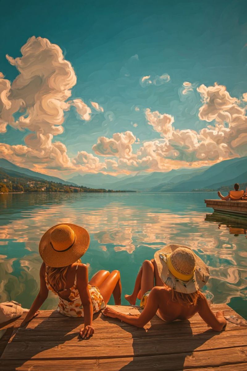 Lake mountain sky cloud water boat hat sun reflection wood sunlight nature outdoors summer vacation relaxation leisure Two women are sitting on a wooden dock by a serene lake, wearing wide-brimmed straw hats. One woman is wearing a floral dress and the other is in a swimsuit. They are looking out at the calm water, with reflections of the sky and clouds. In the background, there is a small boat with people sitting on it, and mountains are visible in the distance under a partly cloudy sky.
