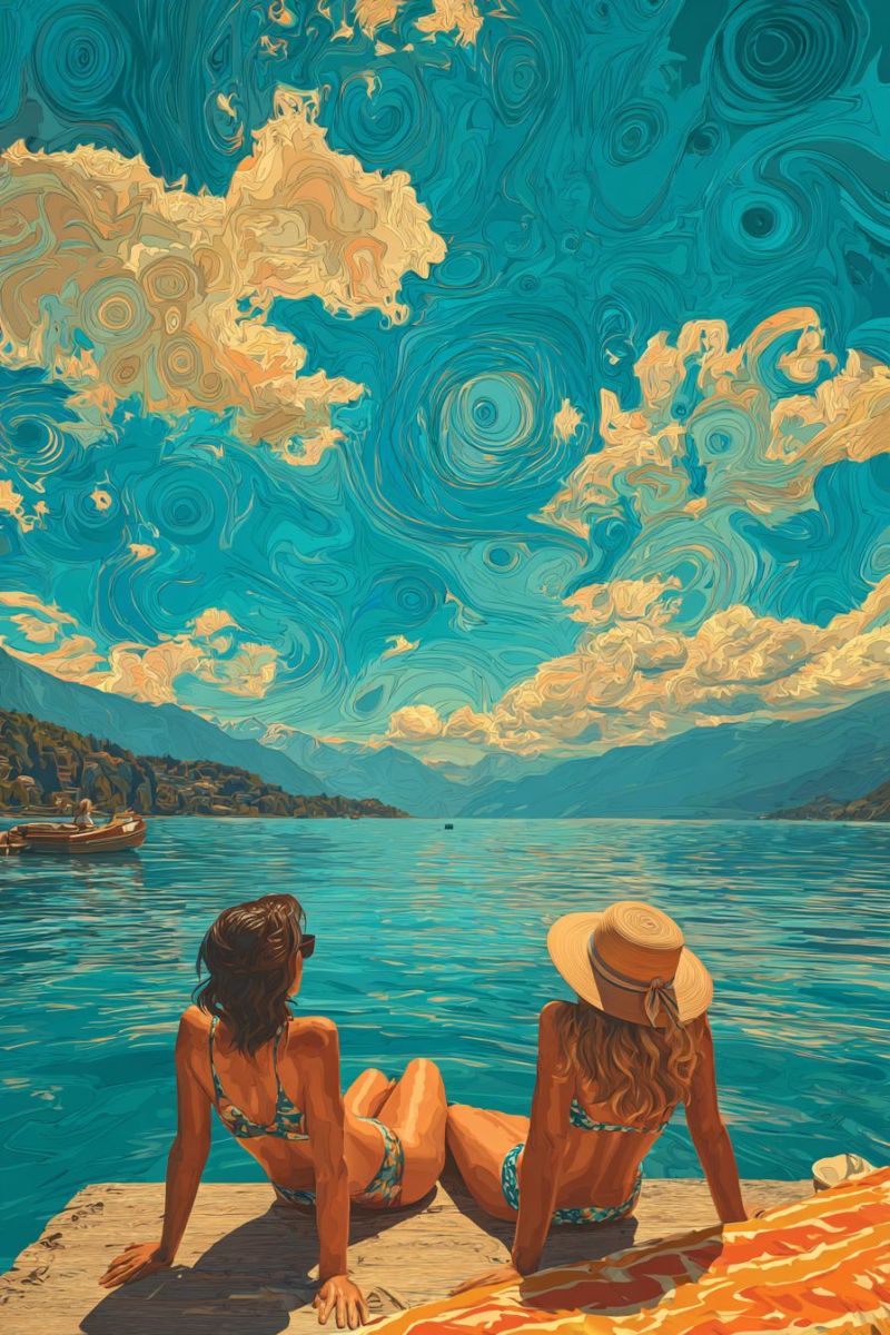 Lac montagne ciel eau nuage bateau fille soleil ensoleille lever coucher mer ocean plage vagues La peinture représente deux femmes assises sur une jetée en bois au bord d'un lac serein. Le ciel au-dessus est un mélange vibrant de bleu-vert et d'or, tourbillonnant dans un motif dynamique, presque abstrait. Les femmes sont vêtues de maillots de bain, l'une portant un chapeau à larges bords et l'autre des lunettes de soleil. Elles sont tournées vers le lac, apparemment appréciant la vue. En arrière-plan, il y a des montagnes et un petit bateau sur l'eau, ajoutant à l'ambiance tranquille et pittoresque.