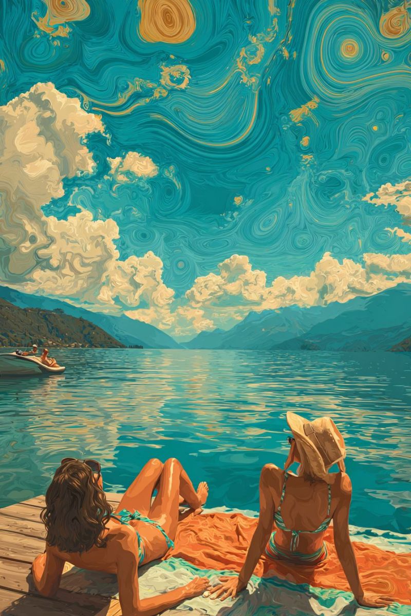 Painting lake mountain sky cloud water boat people sun sunglasses hat beach sunbathing relaxation summer vacation outdoors nature Two women are lounging on a wooden dock by a serene lake. One woman is lying on her stomach, while the other is sitting with her legs crossed, both wearing bikinis and hats. They are surrounded by a vibrant orange blanket. In the background, a boat with two people is sailing on the calm, blue waters. The sky above is a mix of swirling blues and yellows, with scattered clouds. In the distance, mountains and a small island are visible.