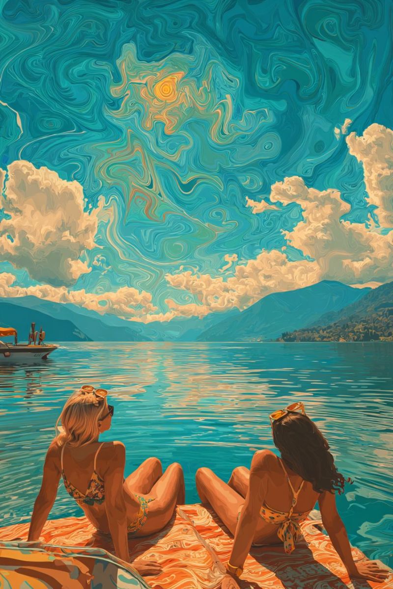Lac montagne bateau ciel nuage eau soleil reflexion nature relaxation loisirs beaute Deux femmes sont assises sur une plateforme flottante dans un lac serein. Elles portent des bikinis et ont leurs cheveux attachés. La femme sur la gauche regarde la femme sur la droite, qui regarde la caméra. Le lac est entouré de montagnes et un bateau navigue au loin. Le ciel est peint d'un mélange de couleurs bleues, jaunes et orange, créant une atmosphère onirique et surréaliste.