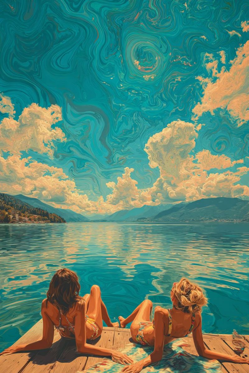 Painting lake water sky clouds mountains women beach sun sunlight reflection waves trees nature outdoors summer relaxation leisure Two women are sitting on a wooden dock by a lake, facing the water. The woman on the left has her legs crossed and is looking towards the right, while the woman on the right is lying on her stomach with her head turned to the left. The lake is calm, and the sky is a mix of blue and yellow with swirling patterns. In the distance, there are mountains and a small town.
