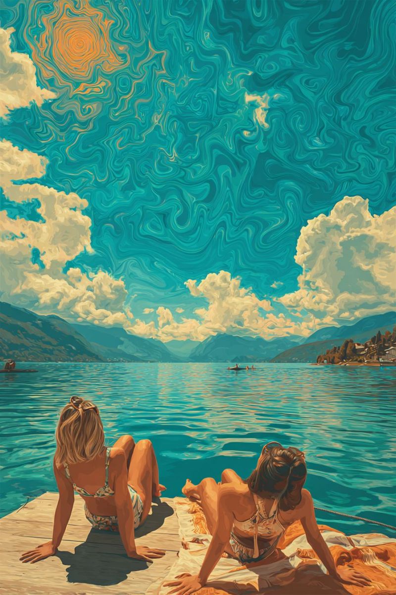 Painting lake water sky clouds sun mountains boat women beach sunbathing relaxation summer nature outdoors vacation leisure beauty Two women are sitting on a wooden dock by a lake, enjoying the sunny day. One woman is sitting with her legs crossed, while the other is lying down on a towel. The lake is calm, and there are mountains and a small island in the distance. The sky is painted with swirling blue and yellow colors, and there are clouds scattered throughout. In the water, there is a small boat with people on it.
