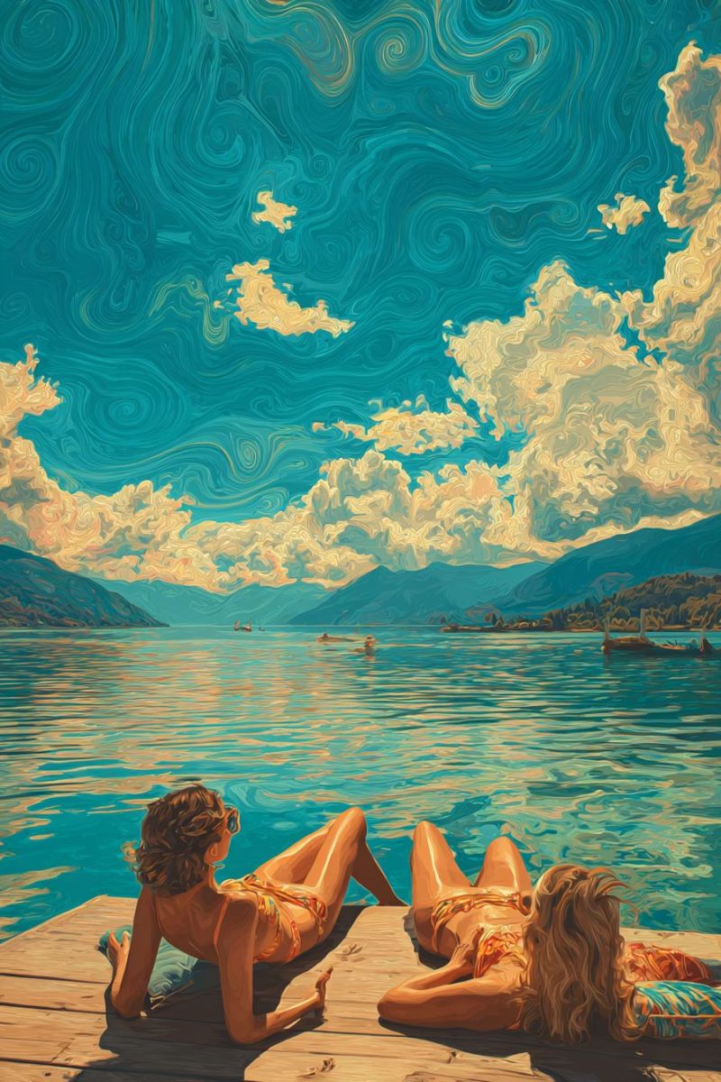 Eau lac montagne ciel nuage bateau soleil rayon eclaircie bain detente loisir vacances air nature Deux femmes sont allongées sur un quai en bois au bord d'un lac serein. Une femme est allongée sur le ventre, tandis que l'autre est allongée sur le dos. Elles portent toutes les deux des bikinis. Le lac est calme, avec des reflets du ciel et des nuages. Au loin, il y a des montagnes et un bateau naviguant sur le lac. Le ciel est un mélange de bleu et de jaune, avec des motifs tourbillonnants.