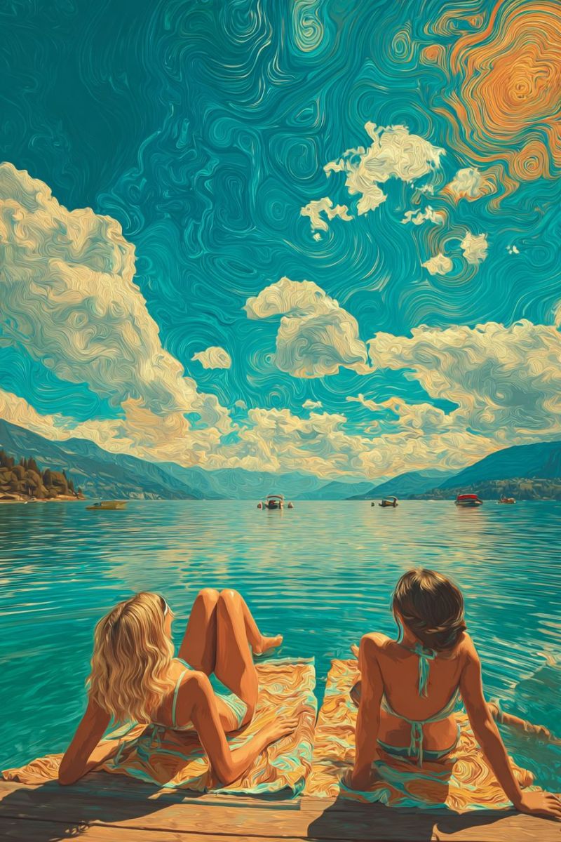Lac eau ciel nuages montagnes bateau soleil reflet vagues rivage arbres plage coucher soiree nature Deux femmes se détendent sur un quai en bois au bord d'un lac. Une femme est allongée sur le ventre avec sa tête reposant sur ses bras, tandis que l'autre est assise les jambes étendues. Elles portent toutes les deux des bikinis. Le lac est calme, et il y a des montagnes et des bateaux au loin. Le ciel est peint de nuages tourbillonnants aux teintes de bleu, jaune et orange.
