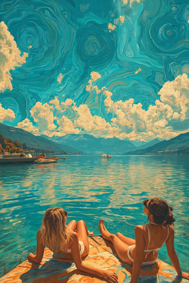 Lac bateau montagne eau ciel nuage soleil reflet ensoleille journee nature marin Deux femmes sont assises sur un quai en bois dans un lac serein. Une femme fait face à la caméra, tandis que l'autre regarde vers le lac. Elles portent toutes les deux des bikinis blancs. Le lac est calme avec des reflets du ciel et des nuages. Au loin, il y a des bateaux et des montagnes sous un ciel avec des nuages bleus et jaunes tourbillonnants.