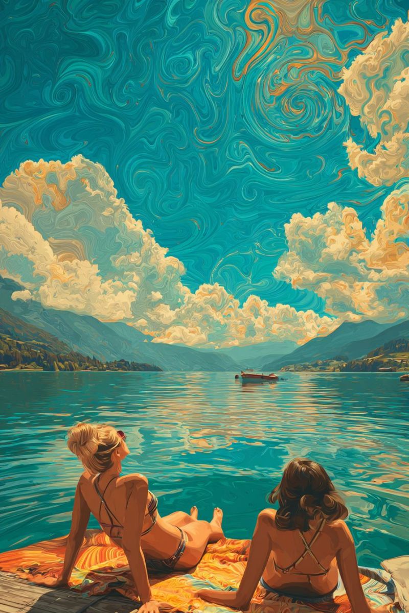 Lac montagne bateau eau ciel nuage soleil reflet rayon eclaircie ensoleille jour temps Deux femmes sont assises sur une jetée en bois au bord d'un lac, portant des bikinis. Elles regardent l'eau calme et les montagnes au loin. Le ciel est peint de couleurs bleues et jaunes tourbillonnantes, et des nuages sont dispersés partout. Un bateau navigue sur le lac, et l'eau reflète le ciel et les nuages. Les montagnes sont couvertes d'arbres et ont une atmosphère sereine.