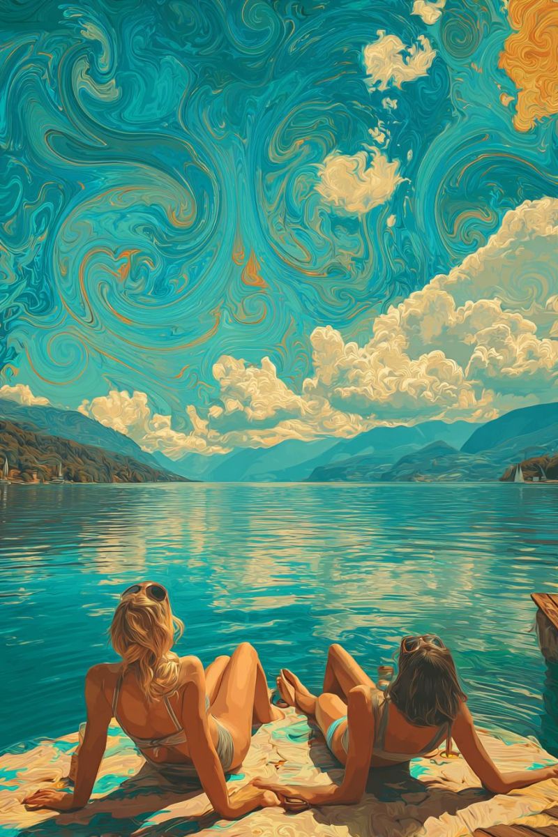 Lac montagne eau ciel nuage bateau fille lunettes soleil bain plage mer ocean vagues Deux femmes sont allongées sur une jetée en bois au bord d'un lac serein. La femme sur la gauche a les cheveux attachés et porte un bikini blanc, tandis que la femme sur la droite a les cheveux détachés et porte un bikini bleu. Elles portent toutes les deux des lunettes de soleil et semblent détendues. Le lac est calme, avec des reflets du ciel et des nuages. En arrière-plan, il y a des montagnes et un voilier sur l'eau. Le ciel est un mélange de teintes bleues et jaunes, créant un effet rêveur et abstrait.