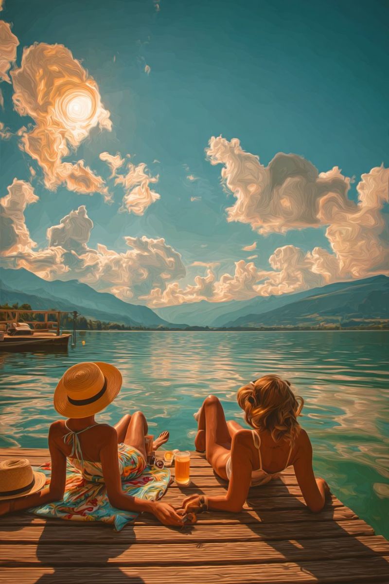 Lac montagne ciel nuage soleil eau bateau fille chapeau boisson reflexion nature relaxation soiree Deux femmes se détendent sur une jetée en bois au bord d'un lac serein. Une femme porte un chapeau à larges bords et une robe colorée, tandis que l'autre est en bikini blanc. Elles regardent toutes les deux le soleil qui se couche au loin, projetant une douce lueur chaude sur l'eau et le ciel. Le ciel est rempli de nuages doux et moelleux, et en arrière-plan, il y a des montagnes avec une touche de verdure. Un petit bateau est amarré sur le côté gauche de la jetée.