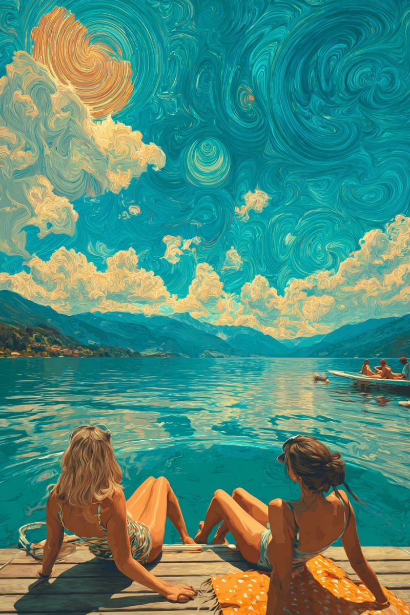 Painting lake mountain sky water cloud boat people sun sunlight reflection sea ocean waves sunset evening mood Two women are sitting on a wooden dock by a lake, facing the water. One woman has her hair tied back and is wearing a colorful swimsuit, while the other has her hair in a bun and is wearing a blue swimsuit. They are both looking out at the lake, which is calm and reflects the sky. In the distance, there is a boat with people on it, and mountains are visible in the background. The sky is painted with swirling blues and yellows, creating a dreamy and abstract effect.
