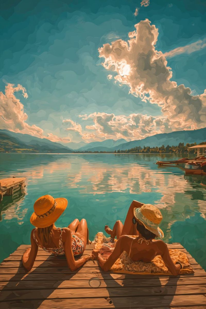 Lac montagne ciel nuage eau soleil reflet bateau quai femme chapeau bain plage vacances detente air nature Deux femmes se détendent sur un quai en bois au bord d'un lac serein. Une femme est assise les jambes croisées, portant un chapeau jaune et un maillot de bain fleuri. L'autre femme est allongée sur le ventre, portant également un chapeau jaune et un maillot de bain. Elles regardent toutes les deux l'eau calme, avec les reflets du ciel et des nuages. En arrière-plan, il y a des montagnes et un ciel bleu clair avec des nuages flous.