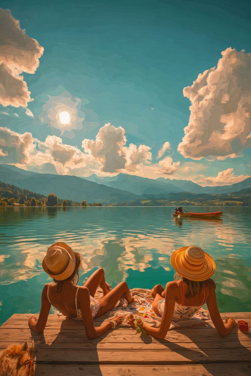 Lake boat mountains sky clouds sun water reflection people hats beach summer vacation relaxation nature painting outdoors scenery Two women are sitting on a wooden dock by a serene lake, wearing wide-brimmed hats. One woman is lying on her side, while the other is sitting upright, both looking towards the water. A small boat with a person rowing is visible in the distance on the lake. The sky is painted with soft, warm colors, and there are fluffy clouds scattered across it. In the background, mountains are visible, and the water reflects the sky and clouds.