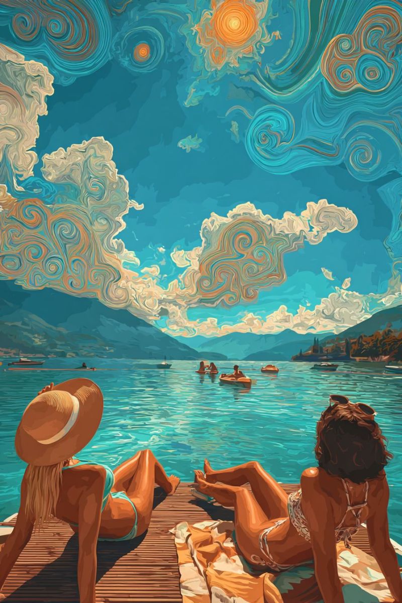 Lac eau ciel nuages soleil montagnes bateau gens plage chapeau maillot bain serviette bois terrasse detente vacances La peinture représente une scène sereine au bord d'un lac avec deux femmes se prélassant sur un quai en bois. Une femme porte un chapeau à larges bords et un bikini bleu, tandis que l'autre est en bikini blanc avec les cheveux attachés. Elles sont toutes les deux allongées sur le côté, face à face, avec une serviette étalée entre elles. Le lac est calme, avec quelques bateaux et des personnes nageant au loin. Le ciel est d'un bleu vif avec des nuages tourbillonnants et un soleil brillant, créant une atmosphère rêveuse et pittoresque.