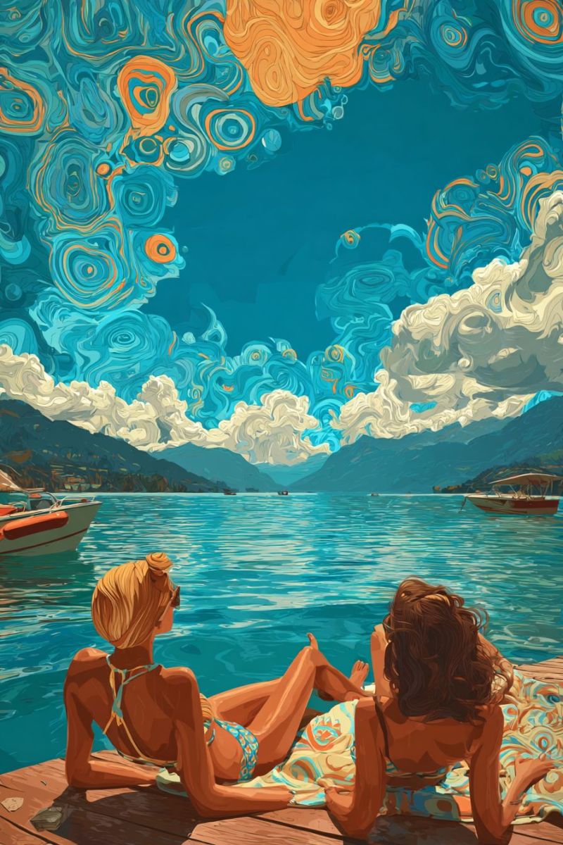 Lac bateau eau ciel montagne nuage soleil fille femme plage mer ocean reflexion nature Deux femmes sont allongées sur un quai en bois au bord d'un lac serein. Une femme est allongée sur le ventre, tandis que l'autre est assise les jambes croisées. Elles portent toutes les deux des bikinis et semblent détendues. Le lac est calme, avec des reflets du ciel et des nuages. En arrière-plan, il y a des montagnes et un bateau naviguant sur l'eau. Le ciel est peint de motifs abstraits tourbillonnants dans des nuances de bleu, d'orange et de blanc.