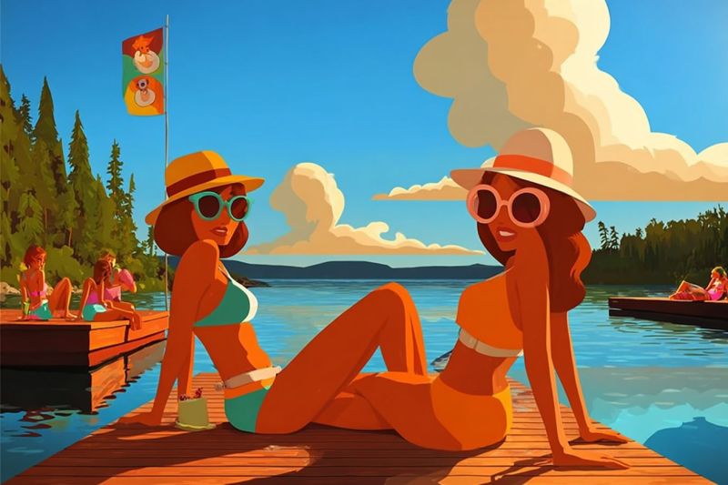Lake water sunglasses hat people beach summer vacation relaxation outdoors nature sky clouds trees flag mountains boat swimsuit wooden dock Two women are sitting on a wooden dock by a lake, both wearing wide-brimmed hats and sunglasses. The woman on the left is wearing a green bikini and has a handbag beside her. The woman on the right is wearing an orange bikini. Behind them, there are several people sitting on the dock and some are standing on the shore. In the distance, there are trees and mountains, and a flag with a colorful design is hoisted on a pole. The sky is blue with some clouds.