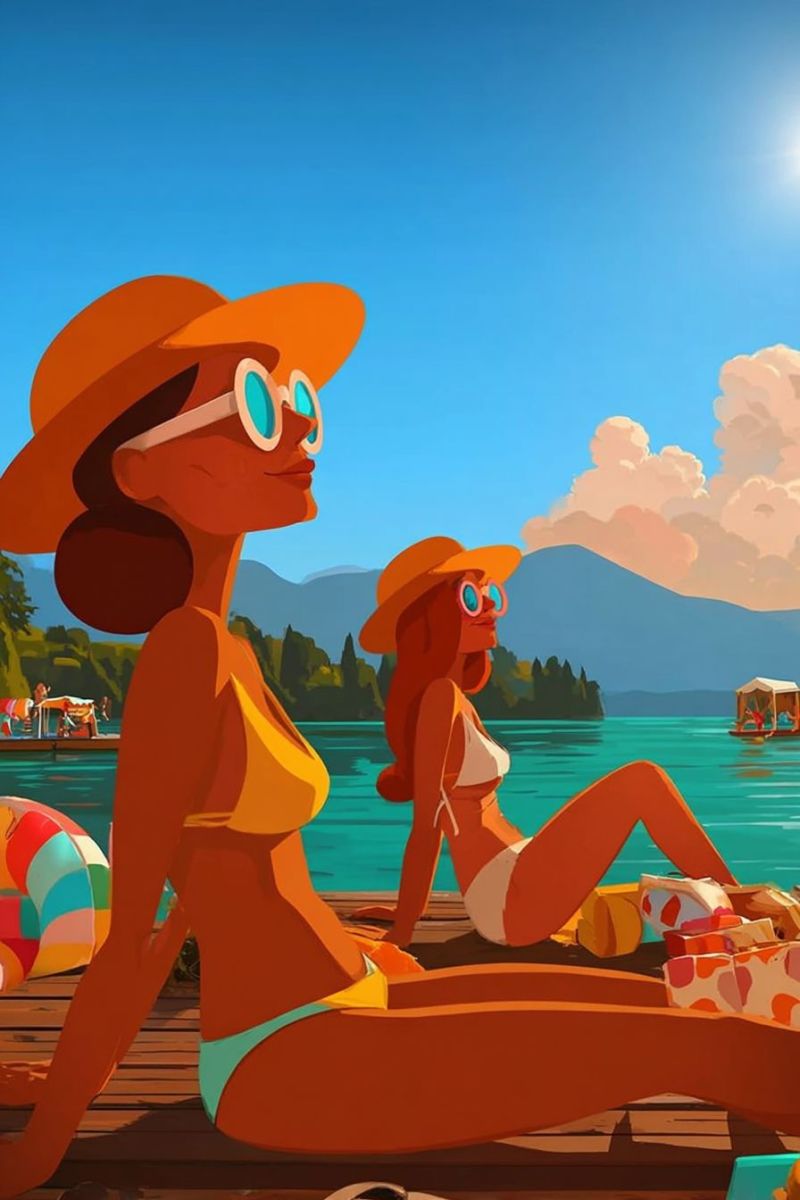 Plage soleil lunettes chapeau lac montagne bateau parapluie ballon eau ciel nuage gens vacances detente air nature Deux femmes sont assises sur un quai en bois au bord d'un lac, portant toutes deux des lunettes de soleil et des chapeaux à larges bords. La femme sur la gauche porte un bikini jaune et a les jambes croisées, tandis que la femme sur la droite porte un bikini blanc et a les jambes étendues. Elles sont entourées de ballons de plage colorés et de sacs. Au loin, il y a un bateau sur le lac, et dans le distance, des montagnes et un ciel bleu clair.