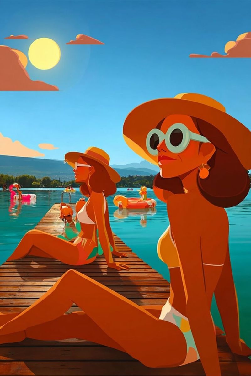 Soleil lac eau ciel nuages chapeau lunettes maillot bain detente plage flotteur montagnes arbres bateau reflet Deux femmes sont assises sur une jetée en bois au bord d'un lac, portant toutes deux des chapeaux à larges bords et des lunettes de soleil. La femme à gauche porte un bikini blanc et a les jambes croisées, tandis que la femme à droite porte un bikini jaune et a les jambes étendues. Derrière elles, il y a des flotteurs gonflables pour piscine et un soleil brillant dans le ciel. Au loin, il y a des montagnes et des arbres.