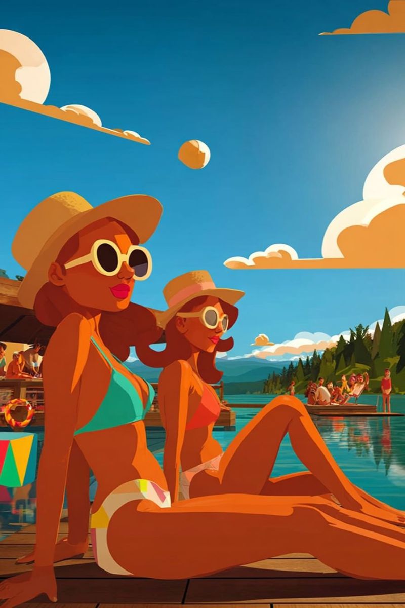 Swimsuit pool lake mountain sun cloud hat sunglasses people boat water sky vacation summer relaxation outdoors nature Two women are sitting on a wooden dock by a pool, both wearing sunglasses and wide-brimmed hats. The woman on the left is wearing a green bikini and has her legs crossed, while the woman on the right is wearing a red bikini and has her legs extended. Behind them, there is a pool with people swimming and a lifesaver hanging on the side. In the distance, there are trees and mountains under a blue sky with clouds.