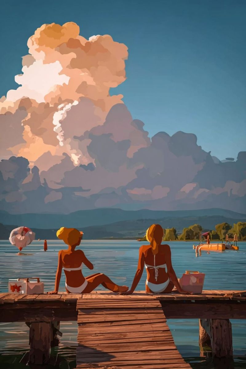 Painting water lake clouds sky mountains boat people beach sun sunlight trees reflection waves sunrise sunset nature outdoors relaxation Two women are sitting on a wooden dock by the water. One woman is facing the water, and the other is facing the camera. They are both wearing white bikinis. The woman facing the camera has a pink bag next to her. In the distance, there is a boat with a red canopy. The sky is blue with clouds.