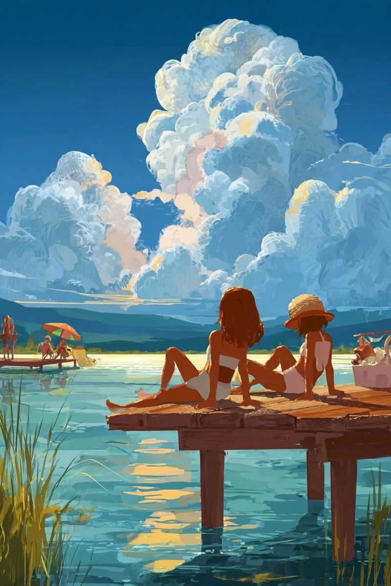 Eau lac ciel fille soleil ensoleille jour temps nuages Deux femmes sont assises sur une jetée en bois au bord d'un lac, face l'une à l'autre et souriantes. L'une porte un chapeau, et l'autre a les cheveux longs. Un panier avec des objets est à proximité. En arrière-plan, des personnes sont sur une jetée avec un parapluie, et des montagnes sont visibles sous un ciel bleu avec de gros nuages moelleux.