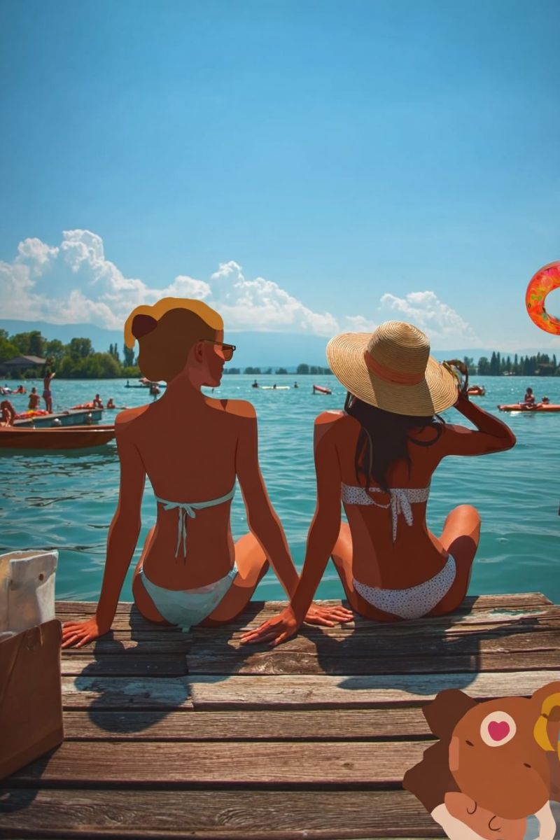 Beach boat bridge cloud dog friend girl hat lake mountain ocean people pool relax river sea summer sun water Two women are sitting on a wooden dock by the water, facing each other. One woman is wearing a hat and sunglasses, while the other has her hair tied back. They are both in bikinis. In the background, there is a lake with boats and people swimming. The sky is blue with some clouds. On the right side of the image, there is a cartoon-like drawing of a dog with a heart on its chest.