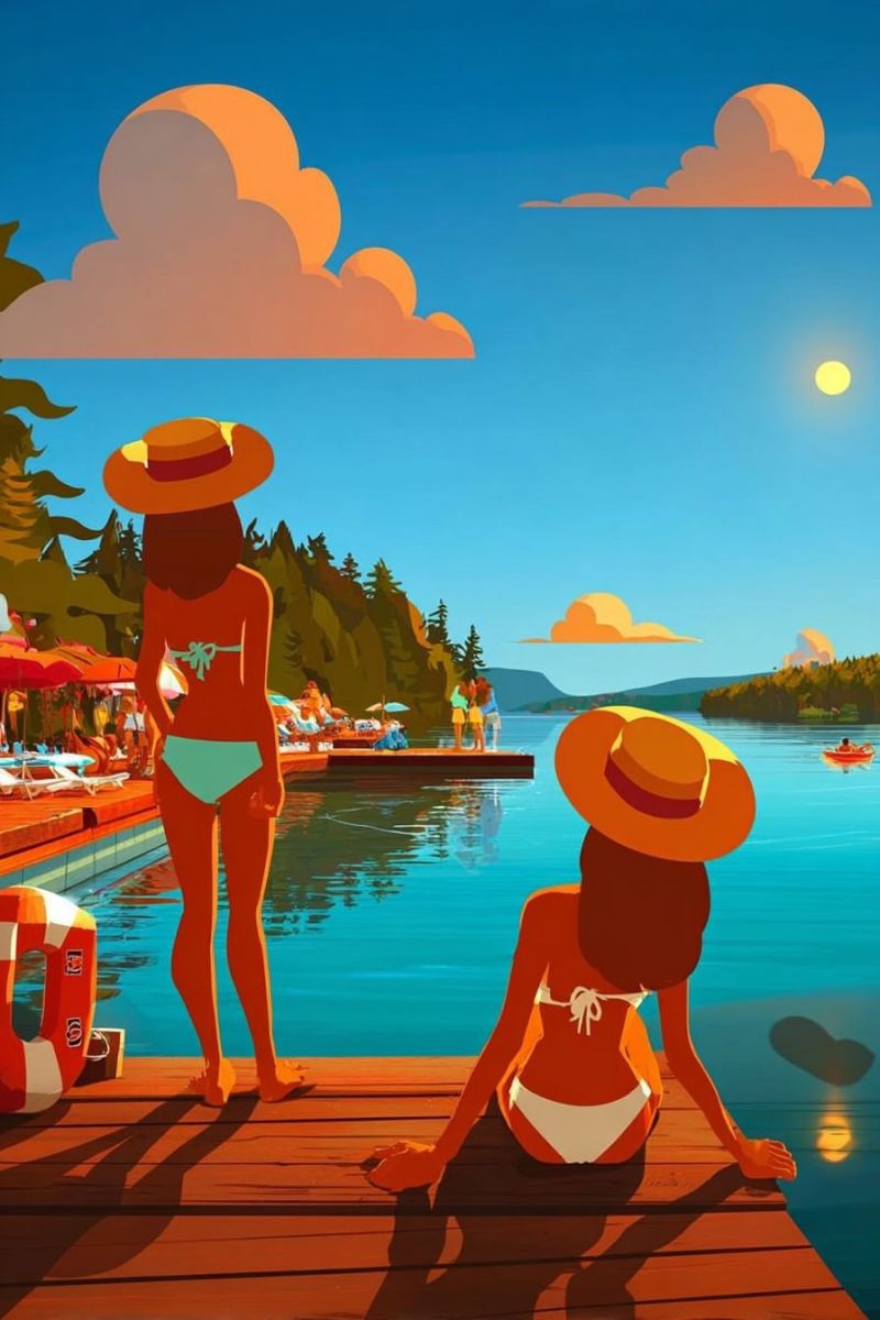 Piscine eau lac soleil ciel nuages arbres montagnes bateau couple chapeaux maillots bain parapluies chaises bois soiree reflet Deux femmes sont sur un quai en bois au bord d'un lac. Une femme est assise sur le quai, portant un bikini blanc et un chapeau, tandis que l'autre femme est debout, portant un bikini vert et un chapeau. Le lac est calme, et il y a des montagnes et des arbres en arrière-plan. Sur le côté gauche, il y a un bouée de sauvetage et une rangée de chaises longues. Au loin, il y a un petit bateau sur l'eau. Le ciel est bleu avec des nuages.