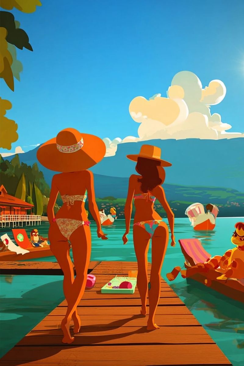 Lake mountain boat water sky cloud tree house people woman bikini hat sun sunlight shadow wood wooden deck Two women in swimwear and wide-brimmed hats walk on a wooden dock by a lake. One wears a floral bikini, the other a multicolored bikini. A game board is on the dock. Behind them, people relax on boats and lounge chairs. In the distance, mountains and trees surround the lake. The sky is blue with scattered clouds.