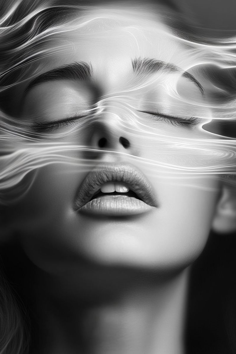 Hair eye lips smoke texture beauty fashion expression mood moody woman's face with her eyes closed. Her hair is styled in loose waves, and it appears to be blowing in the wind, creating a dynamic effect. The woman's face is slightly tilted, and her lips are slightly parted. The image has a dreamy and ethereal quality, with the wind creating a soft, wavy texture on her face. The overall effect is one of beauty and tranquility.