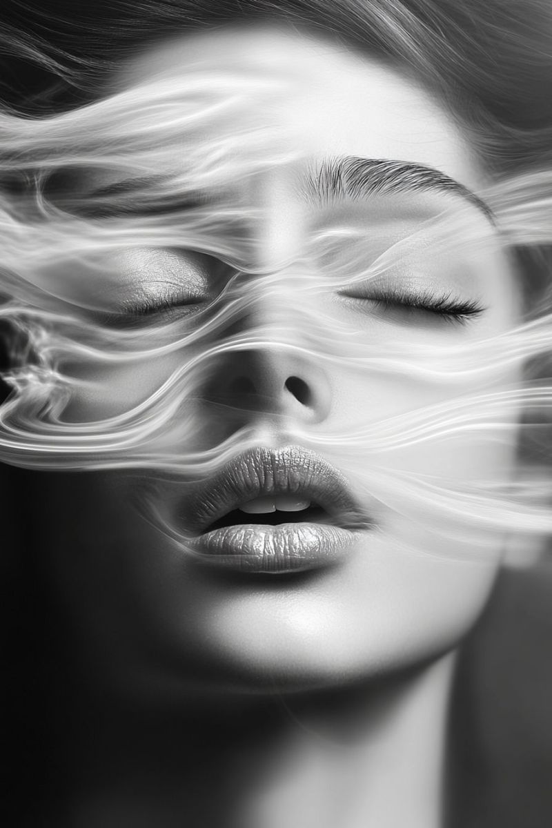 Hair smoke lips eye eyelash eyebrow nostrils woman's face with her eyes closed and her hair blowing in the wind. The image is captured in a way that the hair appears to be moving and flowing around her face, creating a dynamic and artistic effect. The woman's lips are slightly parted, and her face is illuminated by a soft light, giving her a serene and peaceful expression. The overall mood of the image is one of tranquility and beauty.