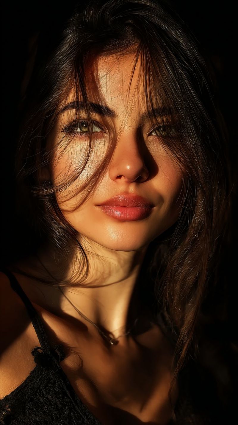 Woman eye lips smile skin neck necklace jewelry ear earring earlobe A close-up portrait of a woman with long, wavy dark hair. Her face is illuminated by a soft light, highlighting her features. She has almond-shaped eyes with a slight arch, and her eyebrows are well-defined. Her lips are full and slightly parted, with a hint of a smile. She is wearing a black lace top that shows off her shoulders and part of her collarbone. The background is dark, emphasizing her face and hair.