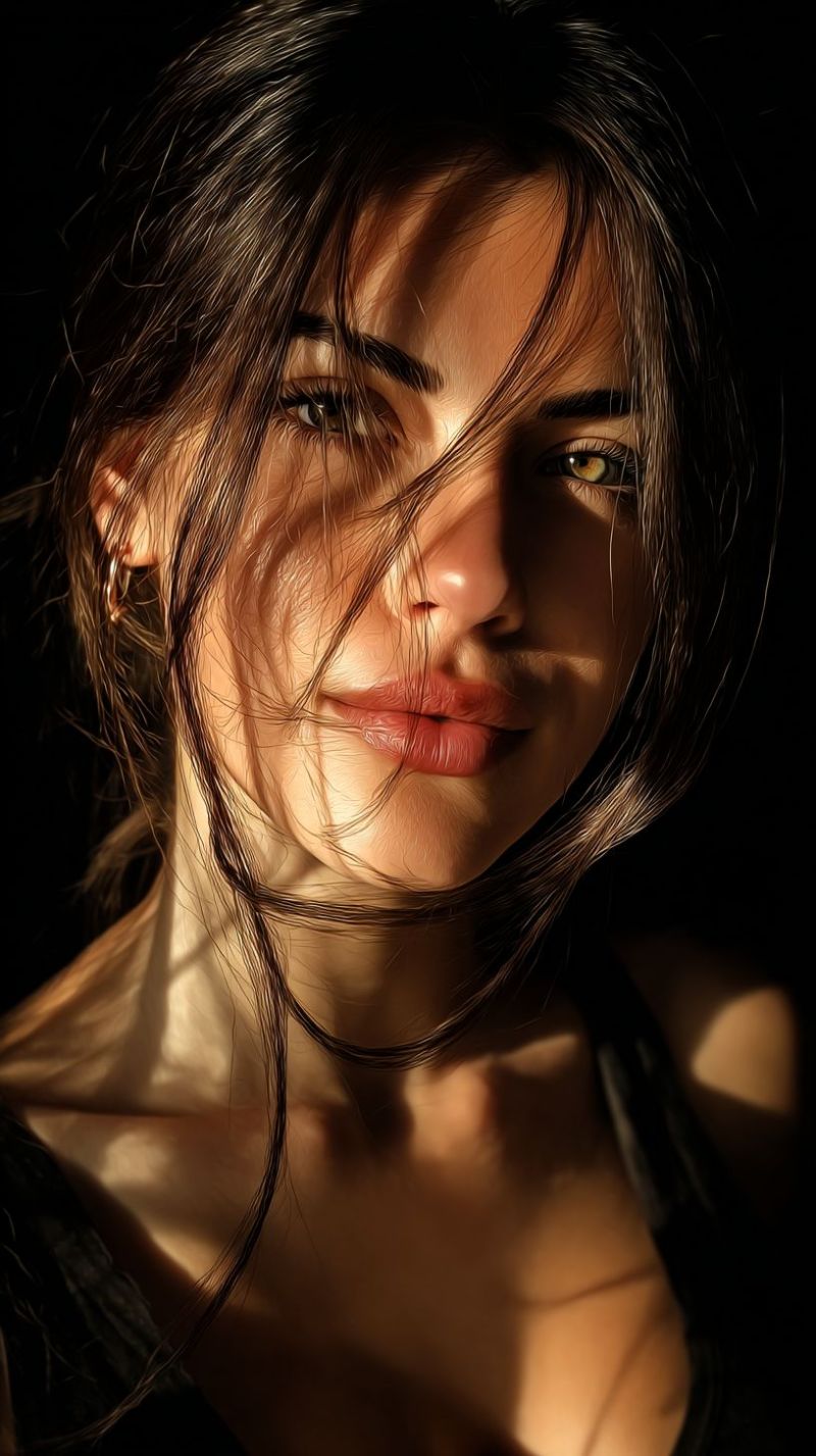 Femme visage oeil sourire oreille boucle peau maquillage beaute eclairage ombre Un portrait en gros plan d'une femme aux cheveux noirs ondulés qui tombent sur ses épaules. Son visage est illuminé par une lumière douce, mettant en valeur ses traits. Elle a des yeux bruns chaleureux avec une touche de vert, et ses lèvres sont peintes dans une teinte rose douce. Sa peau a un teint naturel et lumineux. Elle porte un haut noir sans manches, et ses cheveux sont légèrement ébouriffés, lui donnant un look décontracté et naturel. Le fond est sombre, ce qui fait ressortir son visage et ses cheveux.